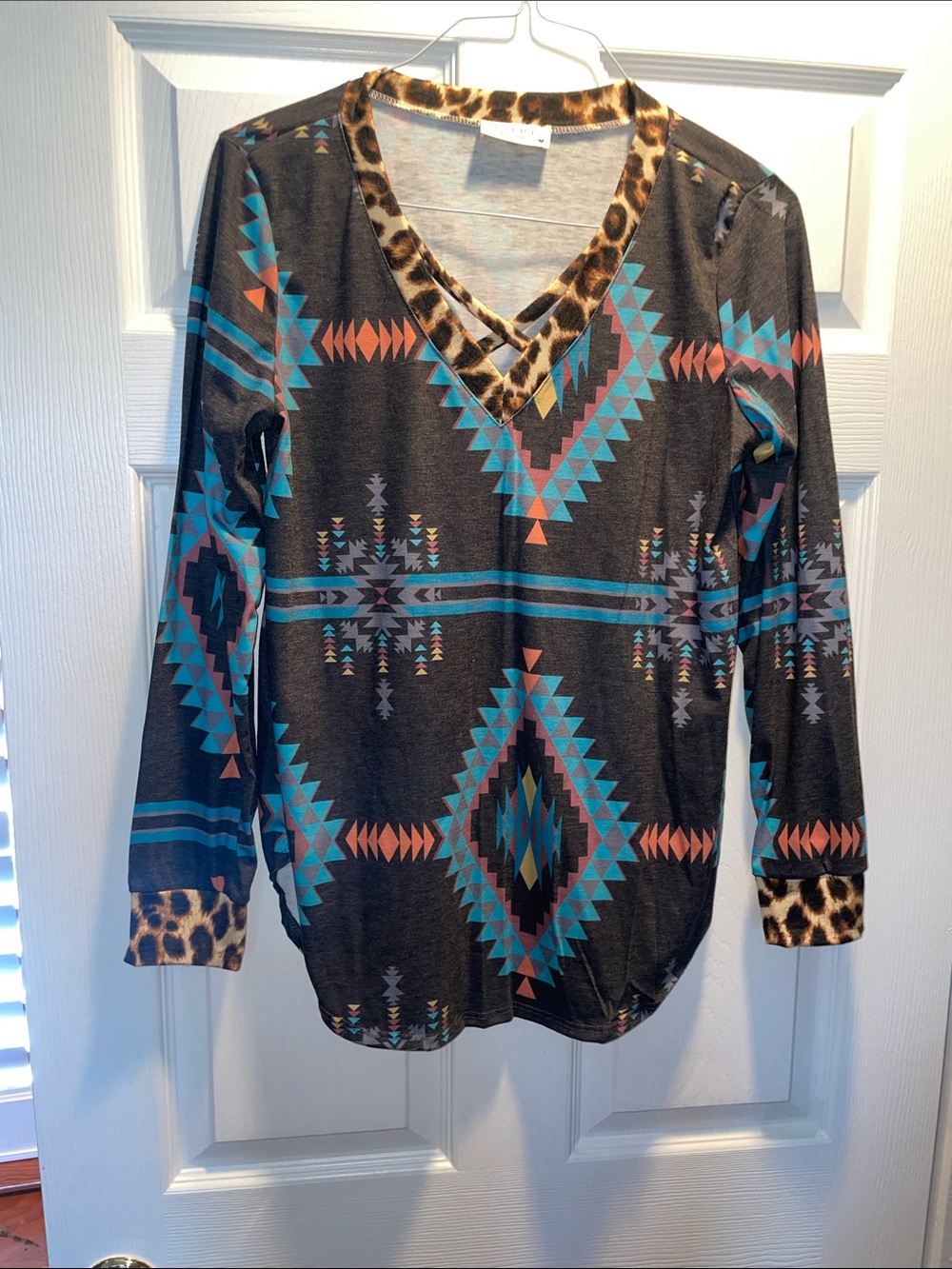 Avery Gray Tribal V-Neck Long Sleeve Top with Teal and Coral Accents
